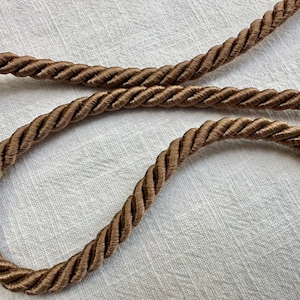 May include: A brown twisted cord trim featuring a continuous rope-like structure with a smooth, glossy finish. The cord is arranged in a curved, flowing pattern, showcasing the uniform diagonal texture of the tightly wound fibers throughout.