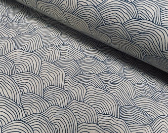 Material de cortina de tela con aspecto de lino y ondas geométricas de ondas azules para tapicería de cortina de decoración de vestidos-lienzo de 55 "o 140 cm de ancho