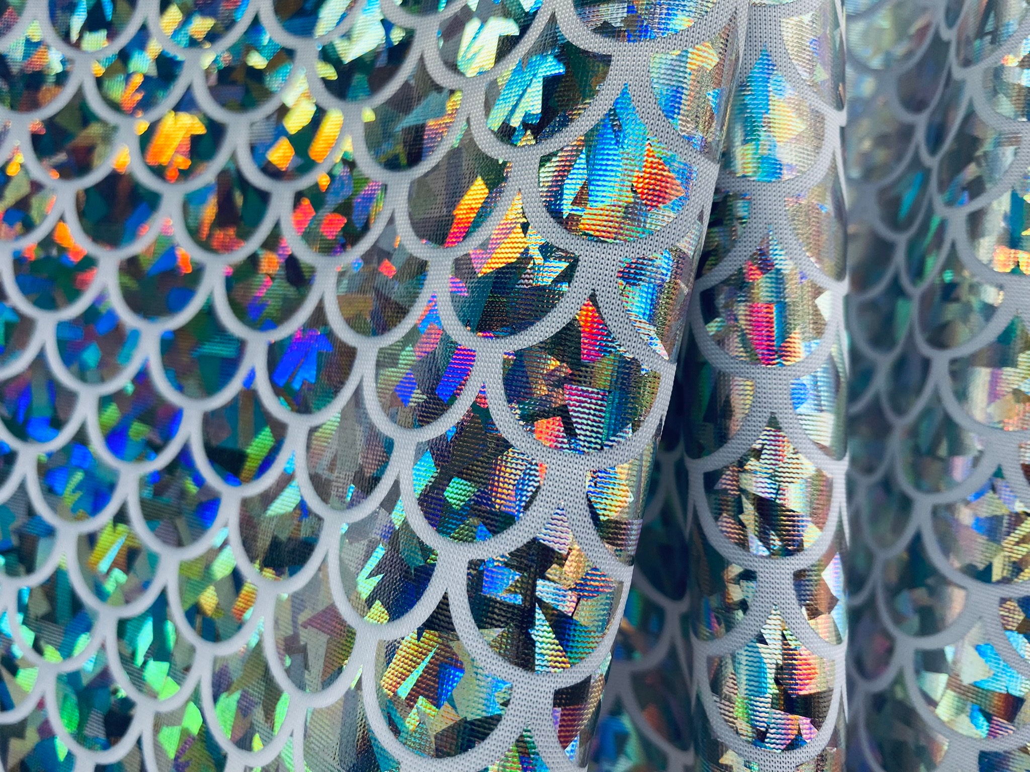 Mermaid Scale Fabric Fish Tale Foil Iridescent Stretch Spandex Material -  150cm wide - Green on Black - Lush Fabric