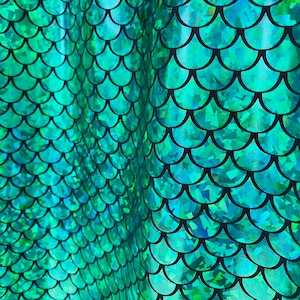 Mermaid Scale Fabric Fish Tale Foil Iridescent Stretch Spandex Material - 150cm wide - Green on Black