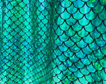 Mermaid Scale Fabric Fish Tale Foil Iridescent Stretch Spandex Material - 150cm wide - Green on Black