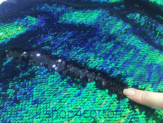 High Quality!!1 Yard 2-Tone Matt Blue change Matt Black On Spandex Stretch Mermaid Sequin Fabric,5mm Can Flip Reversible Sequin Fabric,