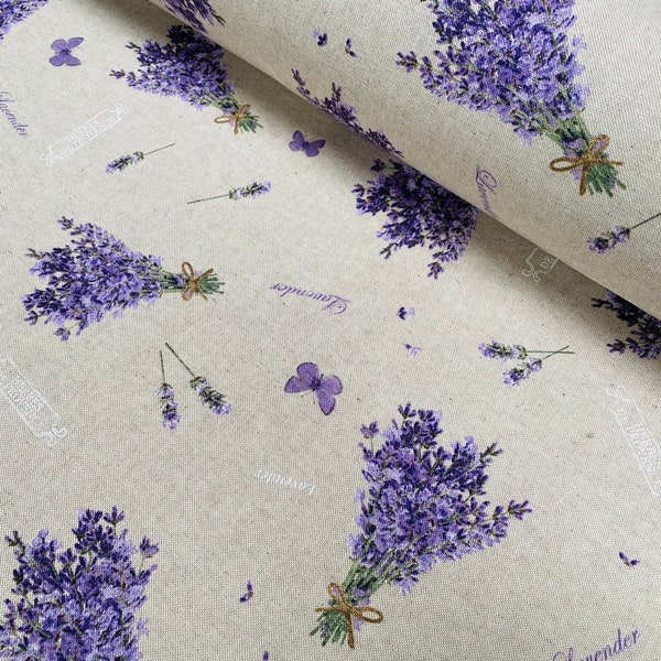 Lavender Lilac Butterfly LINEN LOOK Print Fabric Floral Curtains, Home Decor, Upholstery - 55" or 140cm Wide