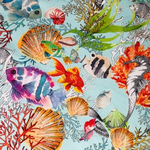 Aqua Sea World Coral Reef Tissu Rideau Tapisserie d'ameublement Coton Matériel Sea Teal Shell Red Corals 280cm Wide image 3