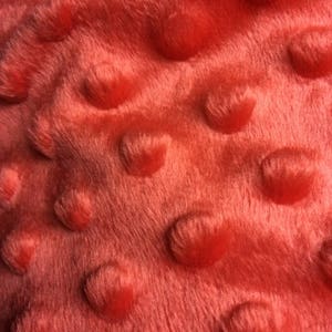 May include: Close-up of a coral-colored minky fabric with a textured, raised dot pattern.
