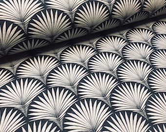 Art Deco Geometric Damask Floral Fan Fabric Monochrome Fountain Leaf - Curtain Upholstery Home decor  - 140cm Wide - Black and Grey