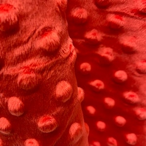 May include: Close-up of a coral-colored minky fabric with a textured, dotted pattern. The fabric is soft and plush, with a subtle sheen.