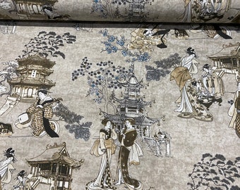 Geisha Japanese Pagoda Oriental Twill Floral Linen Look Curtain Fabric Material - 140cm or 55'' Wide Textile - Beige