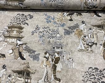 Geisha Japanische Pagode Orientalischer Twill Floral Leinenoptik Vorhangstoff Material – 140 cm breites Textil – Beige