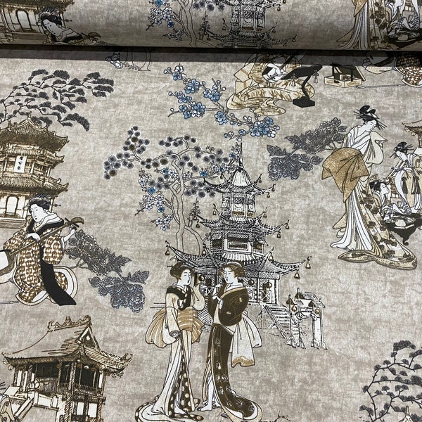 Geisha Japanese Pagoda Oriental Twill Floral Linen Look Curtain Fabric Material - 140cm or 55'' Wide Textile - Beige