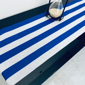 ROYAL BLUE & WHITE Striped Teflon Table Runner For Events, Weddings, Home decor, Water Repellent - 12&#39;&#39; wide - Any Length