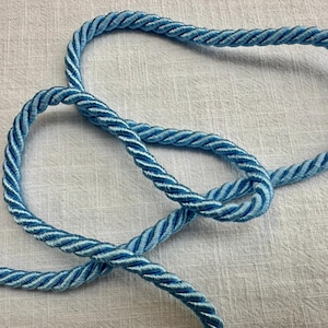 May include: A single length of light blue twisted cord made from a smooth, shiny material. The cord is arranged in a loose, overlapping loop, showcasing its uniform, spiraled texture and consistent thickness throughout the entire length.