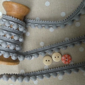 May include: Grey pom-pom trim on a wooden spool with three buttons, two beige and one red with white polka dots.