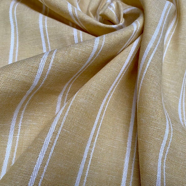 Silky Linen Blend Marine Stripe Fabric Light White Striped Material Home Decor, Dressmaking - 57" or 145cm wide - Honey