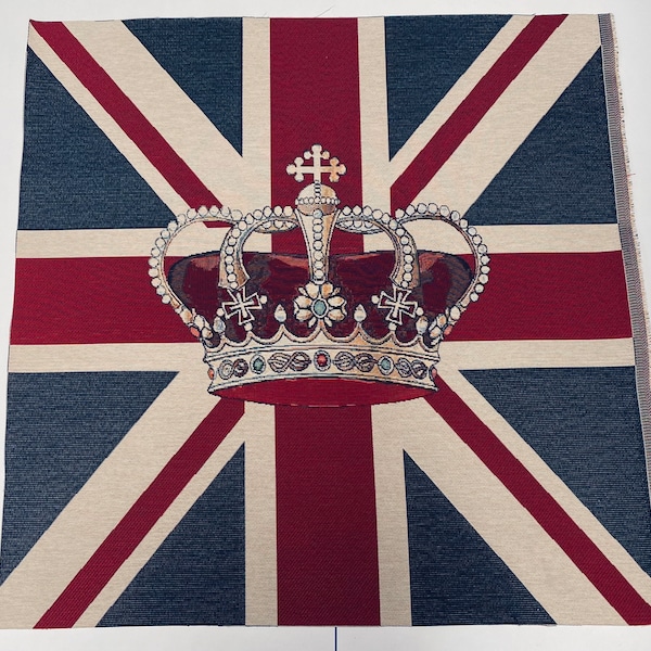 UK CROWN Union Jack Flag Retro Linen Look Heavy Jacquard Gobelin Upholstery Cotton Bag Cushion Panel Fabric UK Banner 70x70cm or 27''x27''