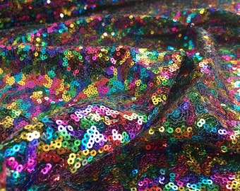 3mm Mini Sequins Fabric Material - 1 Way Stretch - 130cm or 51&quot; wide - Sparkling RAINBOW