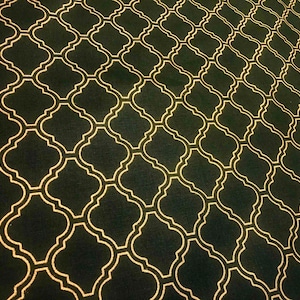 Sale - Dark Green & Gold Moroccan Arabic Damask Geometric Print Fabric Curtain Material Upholstery Home Decor - 110&quot; or 280cm EXTRA Wide