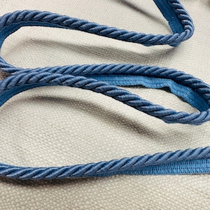 May include: Blue braided trim with a light blue backing. The trim is made of a soft, woven fabric and has a rope-like texture.