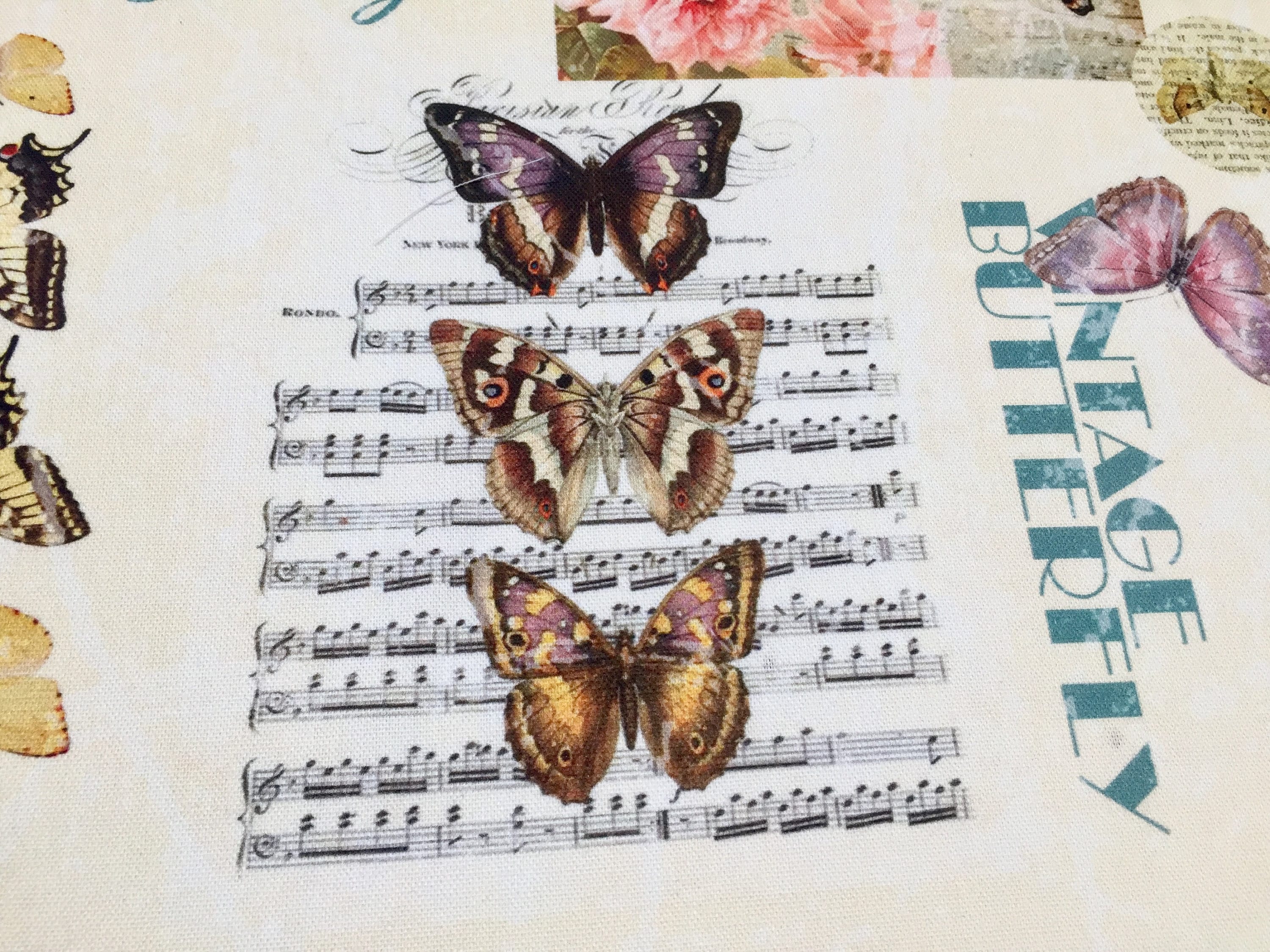 Hortensia Vintage Butterfly Music Note Fabric Cotton Material for Curtains Dress - Floral Digital Print Textile - 140cm wide