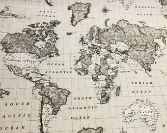 Grey World Map Designer Fabric Curtains Upholstery Dress Cotton Material - Globe Travel Print Canvas - 110"/280cm Wide
