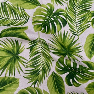 Tessuto a foglia tropicale con foglie di palma verde effetto lino per tappezzeria per tende da arredamento per la casa - Tela larga 140 cm