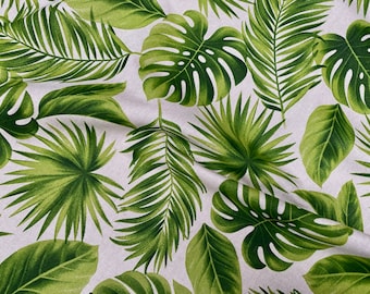 Linen Look Green Palm Leaves Tropical Leaf Fabric Material for Home Decor Curtain Upholstery - 55" (140cm) Wide - Green on Beige Cream