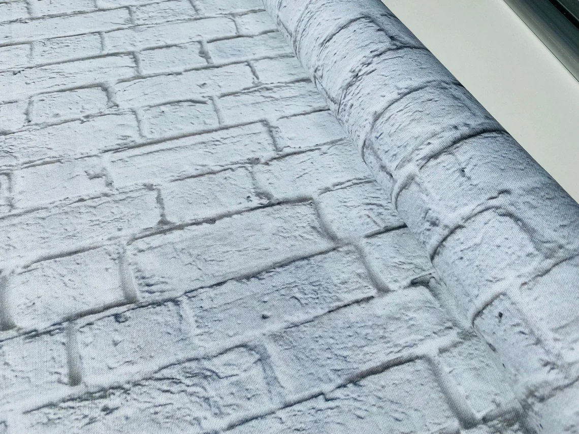 WHITE BRICK Wall Cotton Fabric Curtain Upholstery Material Stone Fence ...