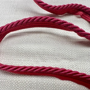 Puede incluir: Primer plano de un cordón de cuerda trenzado de color rosa intenso. El cordón está hecho de un material suave y flexible y tiene una textura lisa y uniforme.