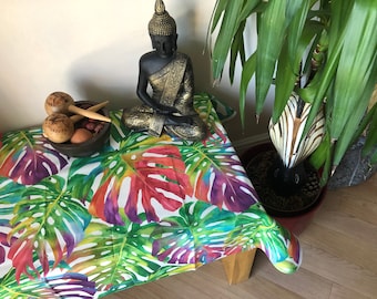 TEFLON Red and Green Tropical Palm Leaves Botanical Leaf Garden Tablecloth PU Coated Outdoor Fabric For Cushion Gazebo - 55"/140cm Wide
