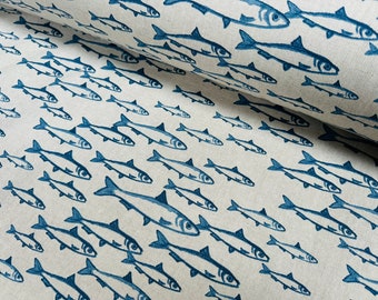 Sardine Fish Fabric Linen Look Marine Print - Curtain Upholstery Material - 140cm or 55" Wide Canvas