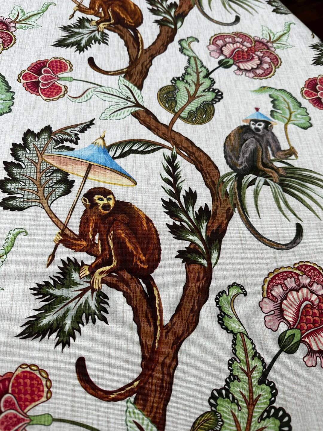 Monkey Cloth Jungle Monkey Fabric Botanical Leaf Print Linen Look Home Decor ...