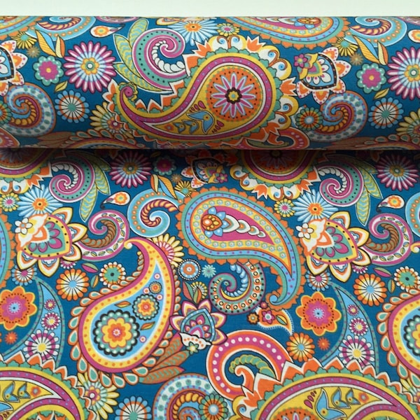 BLUE PAISLEY Designer Fabric for Curtain Upholstery cotton material floral paisley print canvas - 55" wide