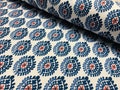 Floral Aztec Spanish Geometric Diamond Flower Tile Fabric Cotton Panama Curtain Upholstery Material - 55"/140cm wide - Blue & Red