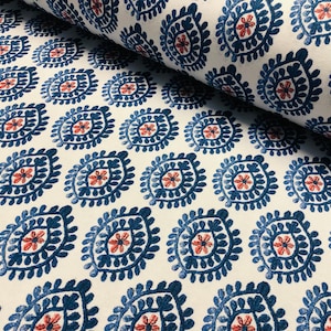 Floral Aztec Spanish Geometric Diamond Flower Tile Fabric Cotton Panama Curtain Upholstery Material - 55&quot;/140cm wide - Blue & Red