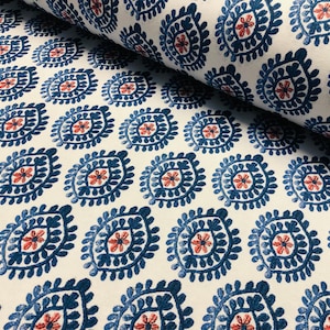 Floral Aztec Spanish Geometric Diamond Flower Tile Fabric Cotton Panama Curtain Upholstery Material - 55"/140cm wide - Blue & Red