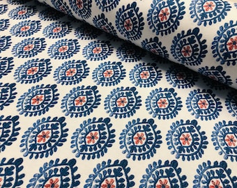 Floral Aztec Spanish Geometric Diamond Flower Tile Fabric Cotton Panama Curtain Upholstery Material - 55"/140cm wide - Blue & Red