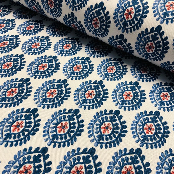 Kwiatowa aztecka hiszpańska geometryczna diamentowa tkanina w kwiaty Bawełniana zasłona Panama Materiał tapicerski - szerokość 55 "/140 cm - niebieski i czerwony