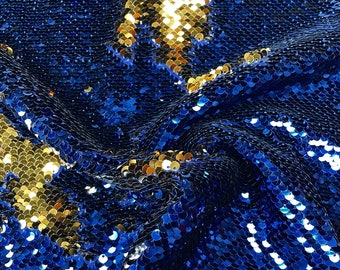 MERMAID Reversible 5mm Sequin Fabric Flip Two Tone Stretch Material - 130cm wide - Blue & Gold sequins