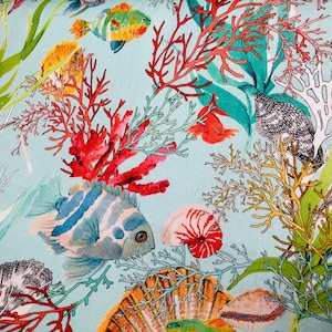 Aqua Sea World Coral Reef Tissu Rideau Tapisserie d'ameublement Coton Matériel Sea Teal Shell Red Corals 280cm Wide image 5