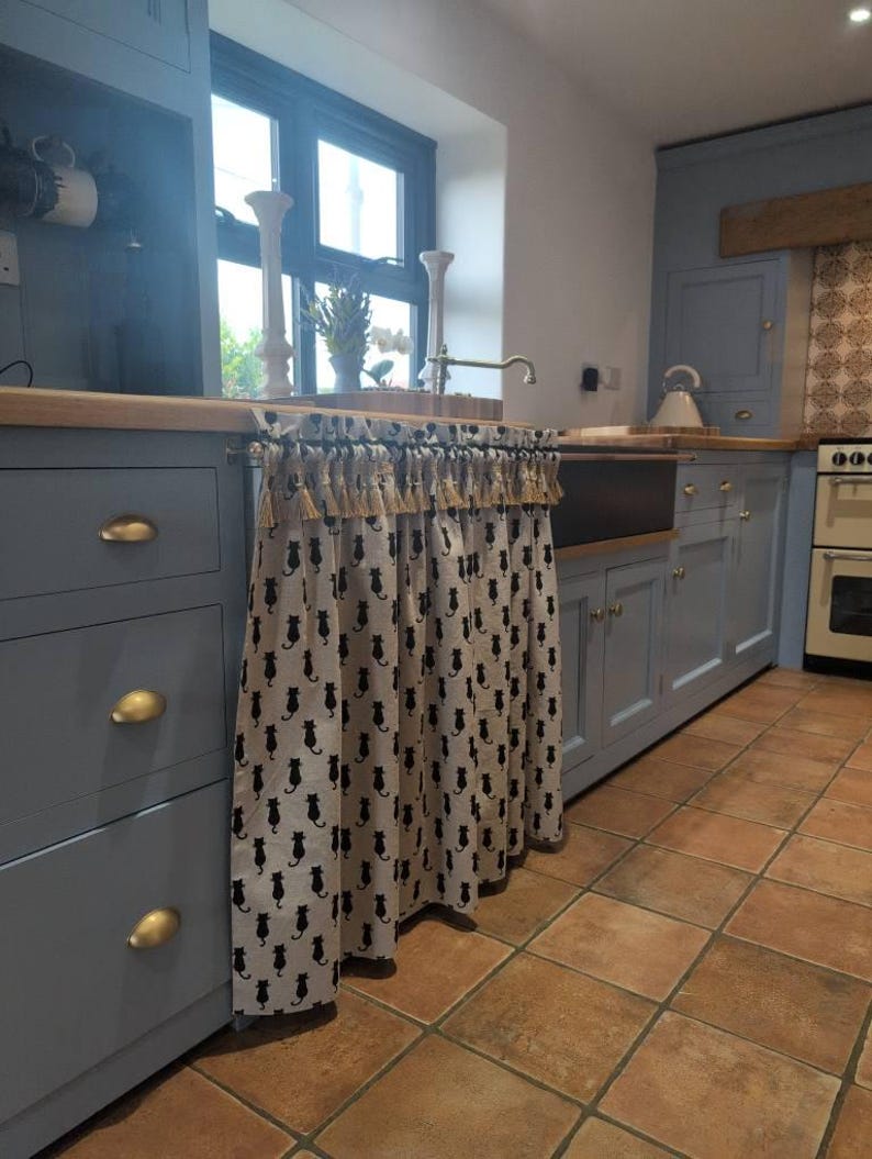 Cortina tapizada con estampado de gatos negros, tela de algodón con aspecto de lino - 140 cm de ancho - lona decorativa con diseño de perros - Negro Crema imagen 6