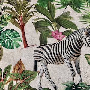 Safari Zoo African Animal Digital Print Fabric Tropical Jungle Palm Flower Leaf Material Linen Look  - 54"/138cm wide Canvas