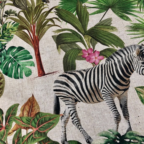 Safari Zoo Tissu Imprimé Animal Africain Jungle Tropicale Feuille De Fleur De Palmier Matériel Look Lin - 54 "/ 138 cm de large Toile