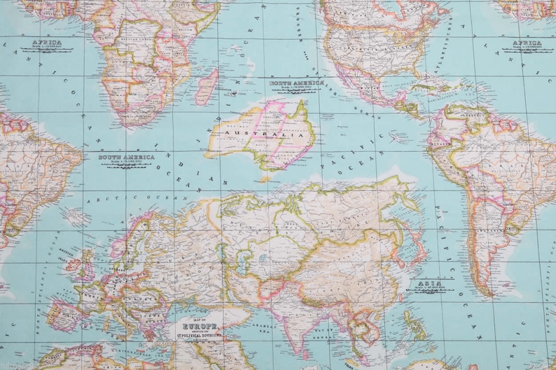 May include: A vintage world map with a light blue background and grid lines. The continents are outlined in brown and filled with different colors. The map includes the names of continents and oceans. The map is printed on paper.