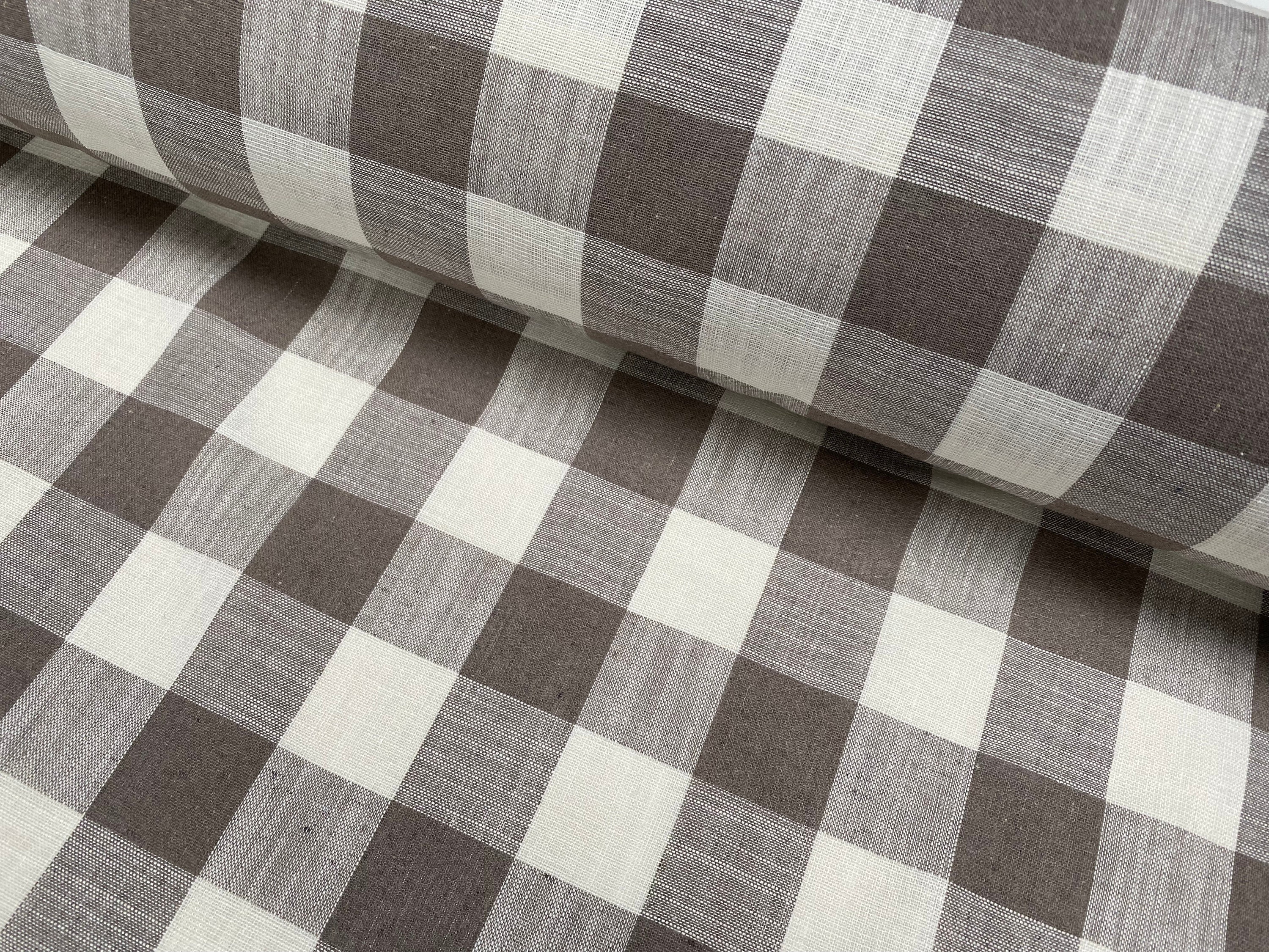 Gingham Linen Checked Linen Fabric Plaid Material Buffalo Check Cotton Yarn Tartan - 59" or 150cm wide - Taupe Brown & White