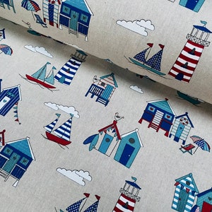 Little Beach Huts Marine Ocean Nautical Fabric Linen Look Material Curtain Upholstery Home Decor - 140cm Wide Canvas - Navy Blue & Cream