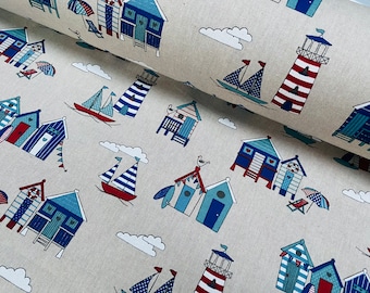 Cabañas de Playa Pequeñas, Tela Náutica con Aspecto de Lino, para Cortinas, Tapicería, Decoración del Hogar - Lona de 140 cm de Ancho - Azul Marino y Crema