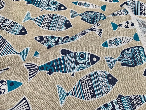 BLUE FISH Marine Fabric Linen Look Material Curtain Upholstery 55