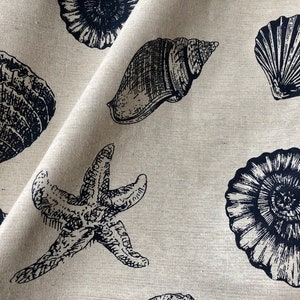Oceano spiaggia conchiglia stella cotone lino nautico tessuto naturale scuro blu iuta mare materiale casa arredamento - Tela larga 153 cm