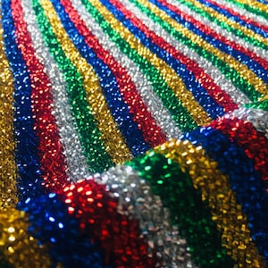 Sparkling Tinsel Lurex Fabric Stretch Metallic Glitter Lametta Shimmer Material 59&quot; or 150cm Wide - Rainbow Stripe