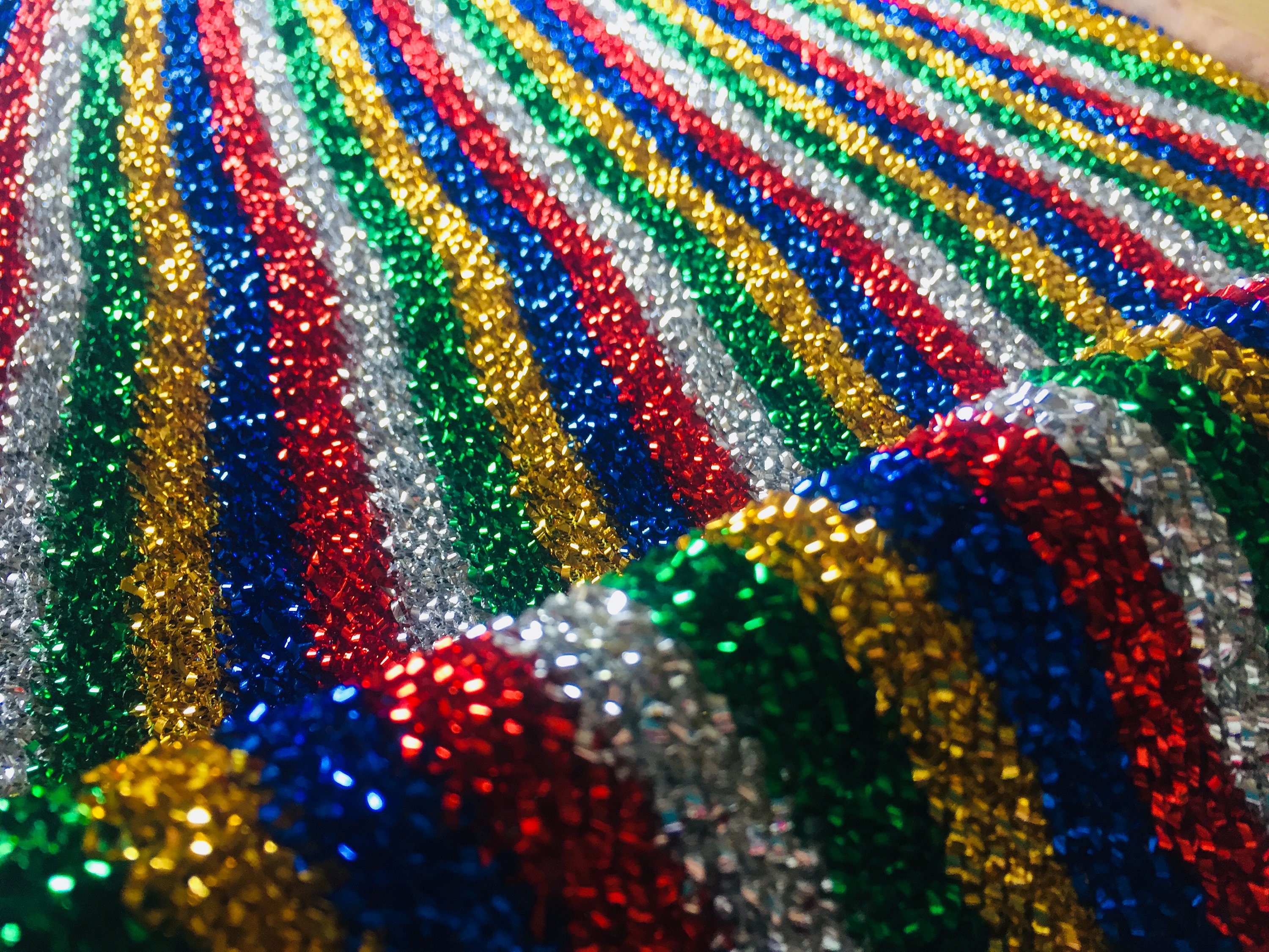 Sparkling Tinsel Lurex Fabric Stretch Metallic Glitter Lametta Shimmer Material 59" or 150cm Wide - Rainbow Stripe